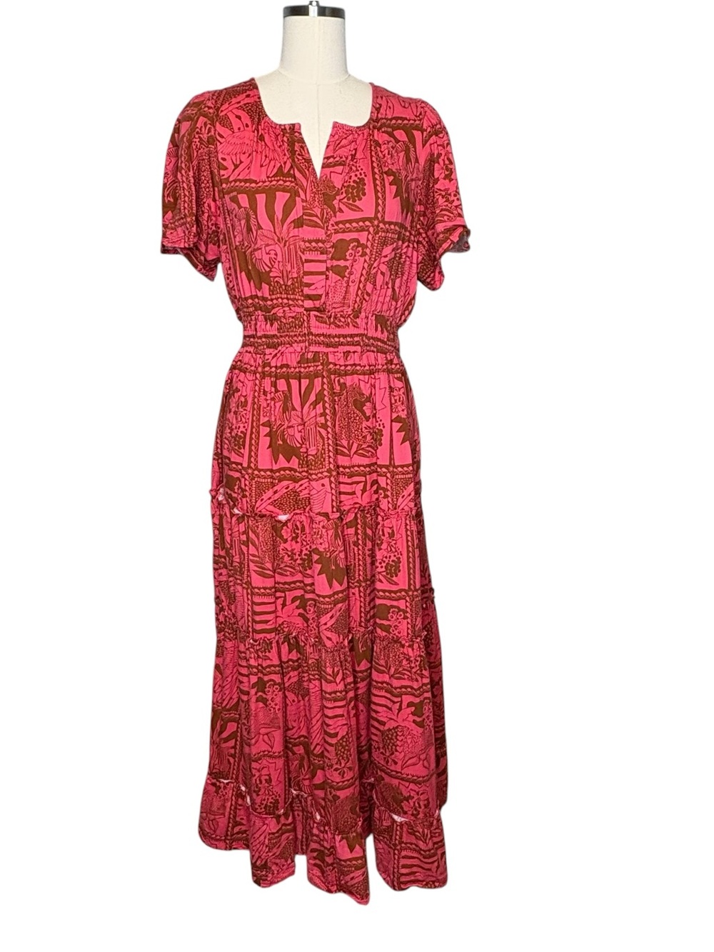 Briton Court Willow Floral Red Brown Smocked Maxi Dress | L